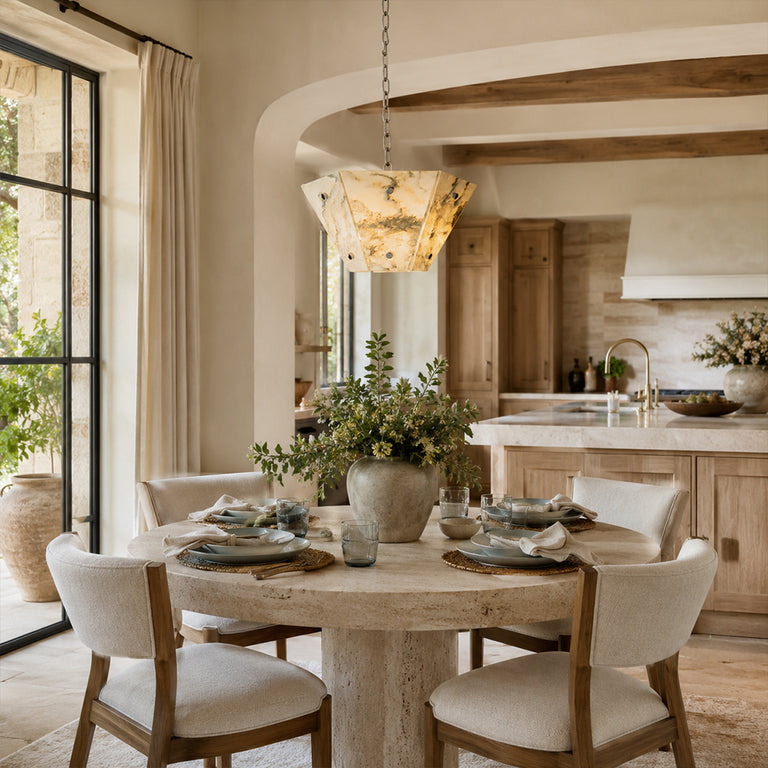 Faceted Ivory Marble Pendant installed above a dining table