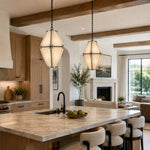 Black Frame Faceted Marble Lantern Pendant installed above a kitchen island