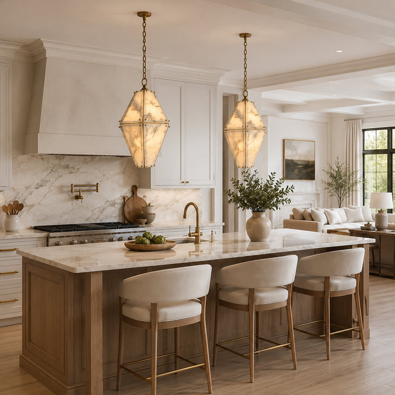 Faceted Marble Lantern Pendant installed above a kitchen island