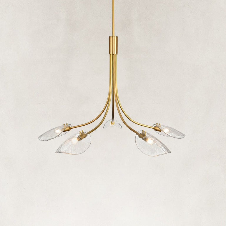 Five-Light Leaf Glass Chandelier in Aged Brass - alternate angle