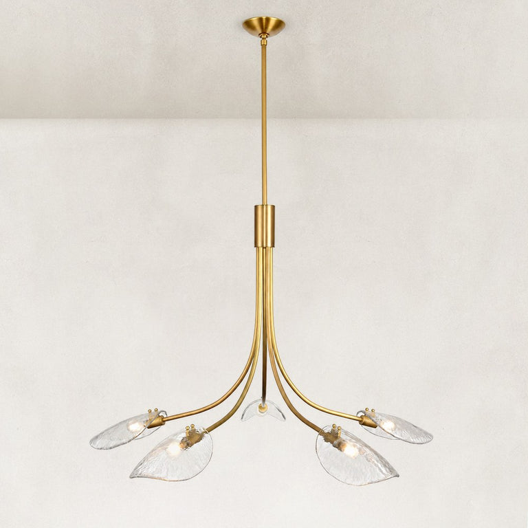 Five-Light Leaf Glass Chandelier in Aged Brass - complete fixture