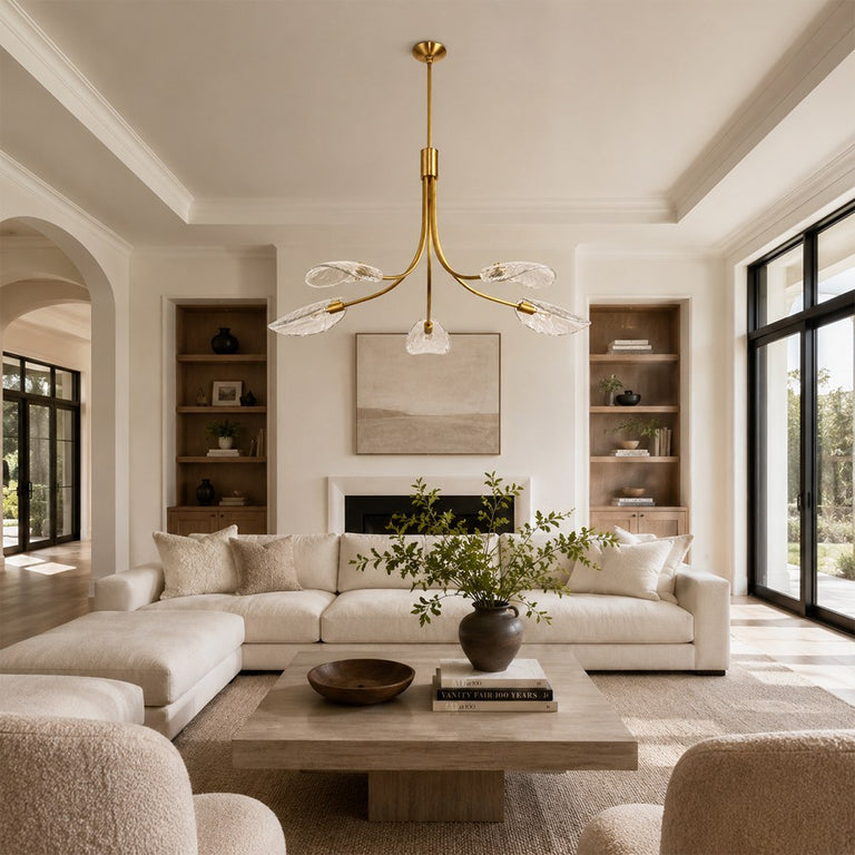 Five-Light Leaf Glass Chandelier in Aged Brass - interior setting