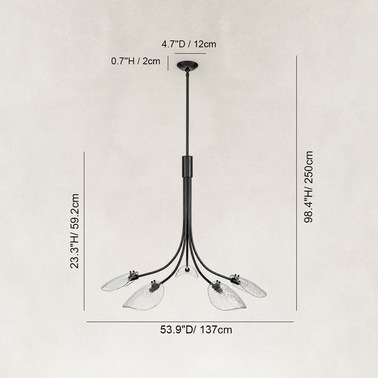 Five-Light Leaf Glass Chandelier in Matte Black - dimension diagram