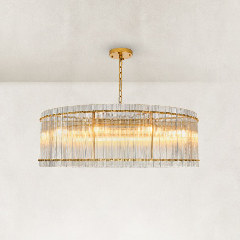 Fluted Glass Rod Drum Chandelier in Aged Brass - complete fixture