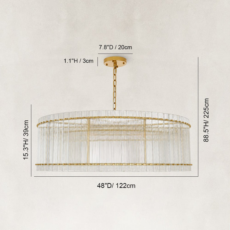 Fluted Glass Rod Drum Chandelier in Aged Brass - dimension diagram