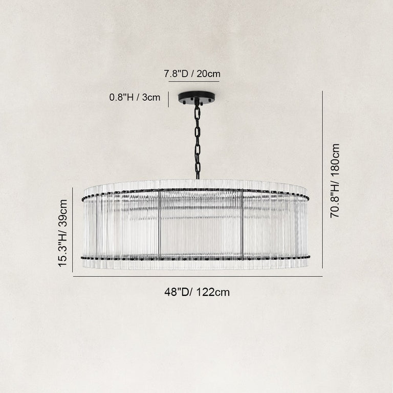 Fluted Glass Rod Drum Chandelier in Matte Black - dimension diagram