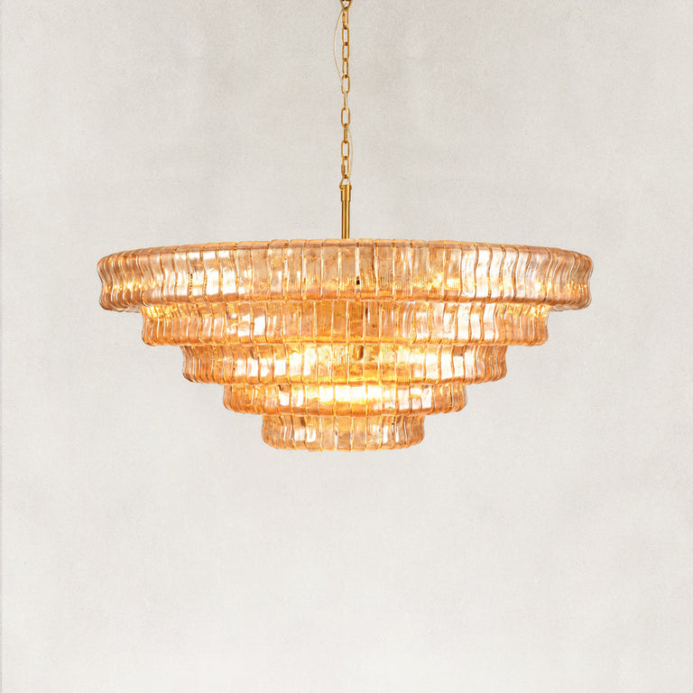 Fluted Glass Tiered Round Chandelier, 48 in in amber finish, complete fixture