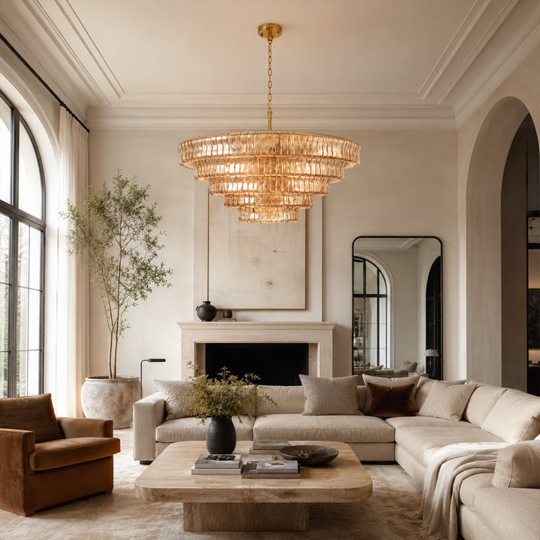 Fluted Glass Tiered Round Chandelier, 48 in in amber finish, shown in a living room
