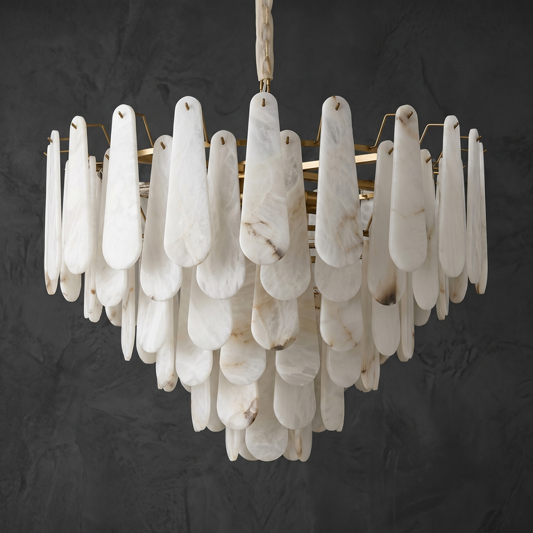 Hollis Modern Alabaster Tiered Chandelier by Dalmivik, complete fixture view