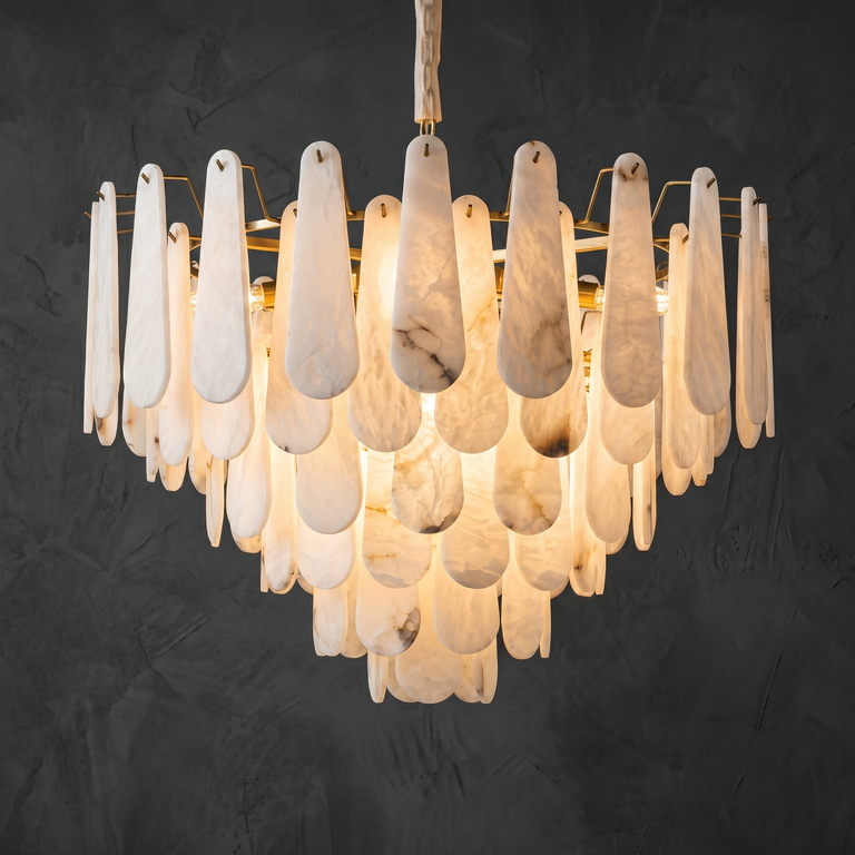 Hollis Modern Alabaster Tiered Chandelier by Dalmivik, complete fixture view