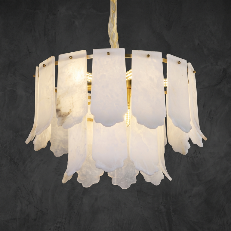 Hollis Modern Alabaster Round Pendant Light by Dalmivik, complete fixture view