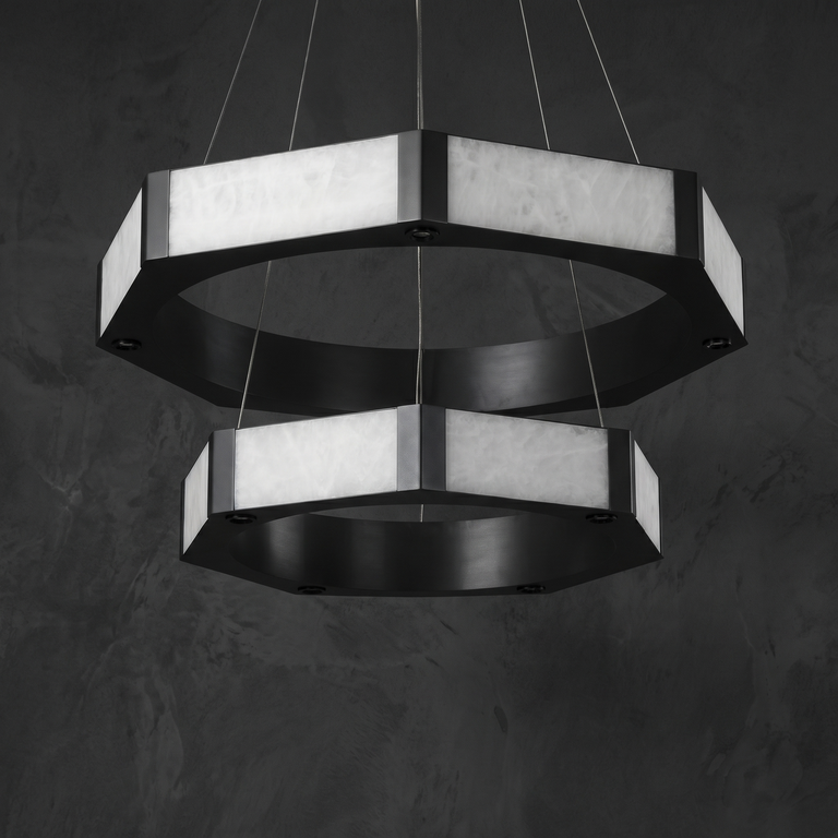 Facetra Hexagonal Black Ring Chandelier by Dalmivik, complete fixture view