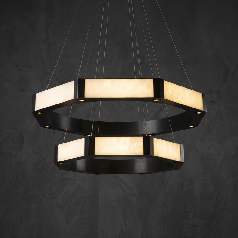 Facetra Hexagonal Black Ring Chandelier by Dalmivik, complete fixture view