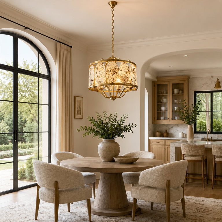 Gilded Cage Marble Chandelier 23.6" installed above a dining table