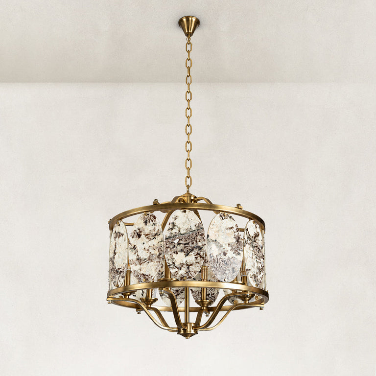 Product detail of Gilded Cage Marble Chandelier 23.6" against a neutral background