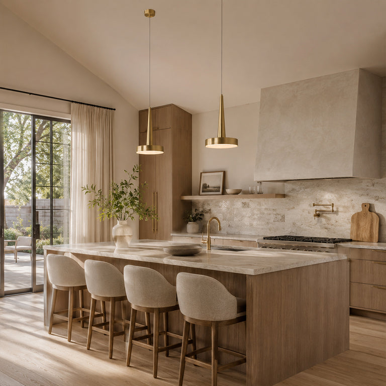 Gilded Marble Disc Pendant displayed in a furnished interior