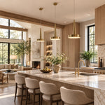 Gilded Marble Disc Pendant displayed in a furnished interior