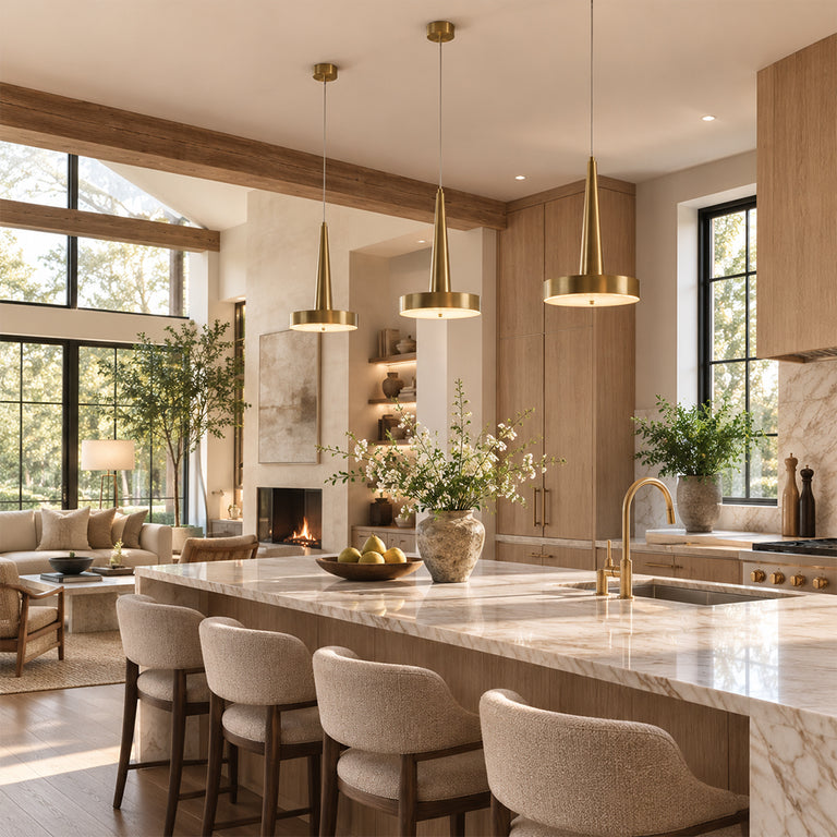 Gilded Marble Disc Pendant displayed in a furnished interior