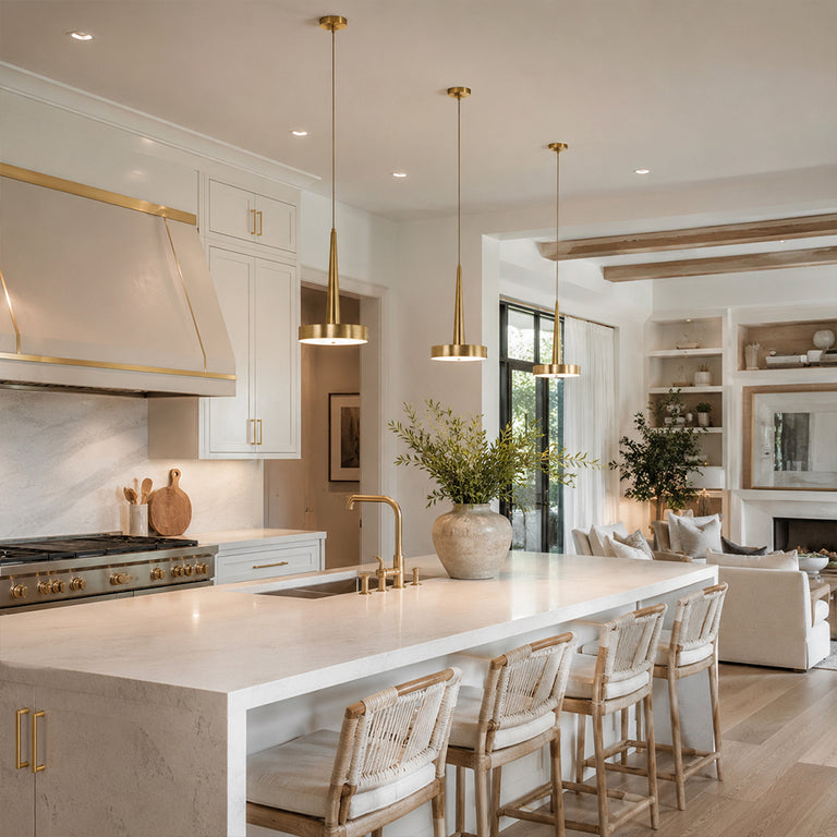 Gilded Marble Disc Pendant installed above a kitchen island