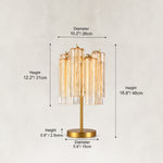 Dimension diagram of the glass tube table lamp, shade and round base.