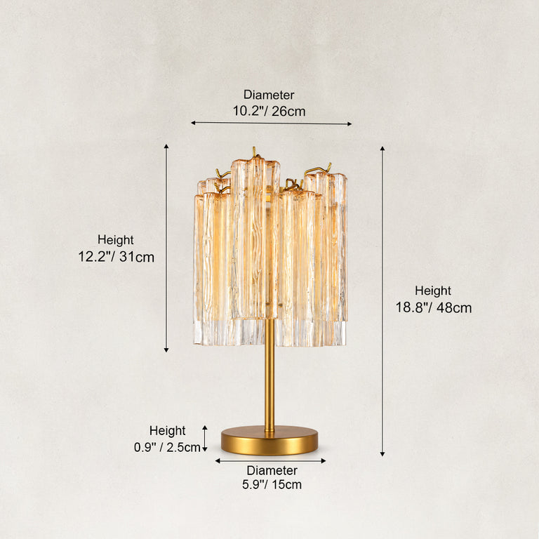 Dimension diagram of the glass tube table lamp, shade and round base.