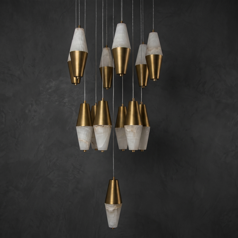Fiamora Alabaster Cascading Chandelier Modern by Dalmivik, complete fixture view