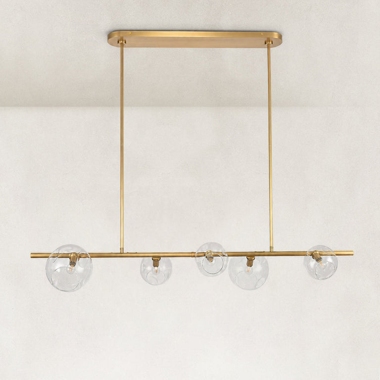 Gold-tone bubble glass linear chandelier complete fixture front view