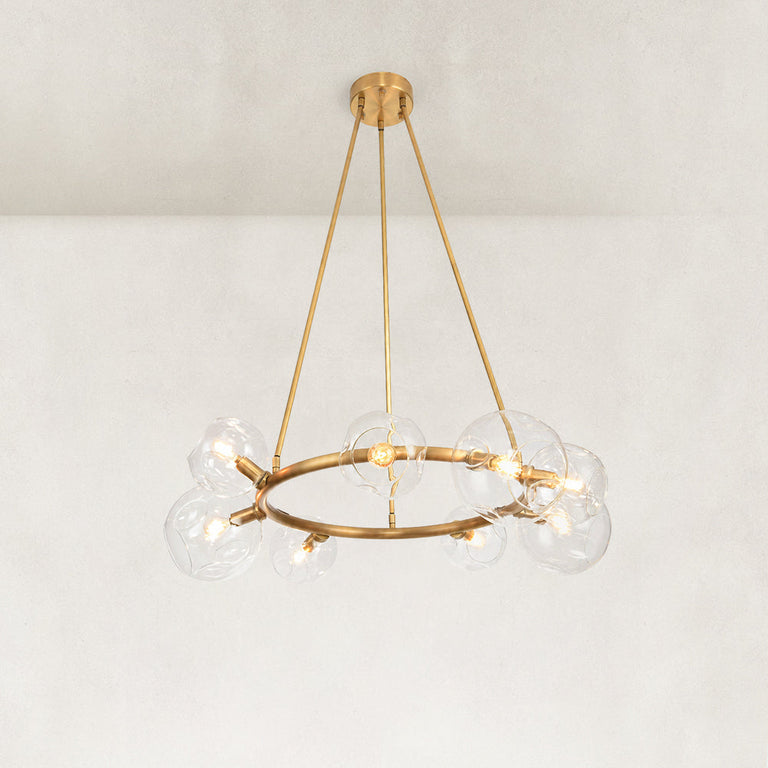 Gold-tone bubble glass ring chandelier complete fixture angled view