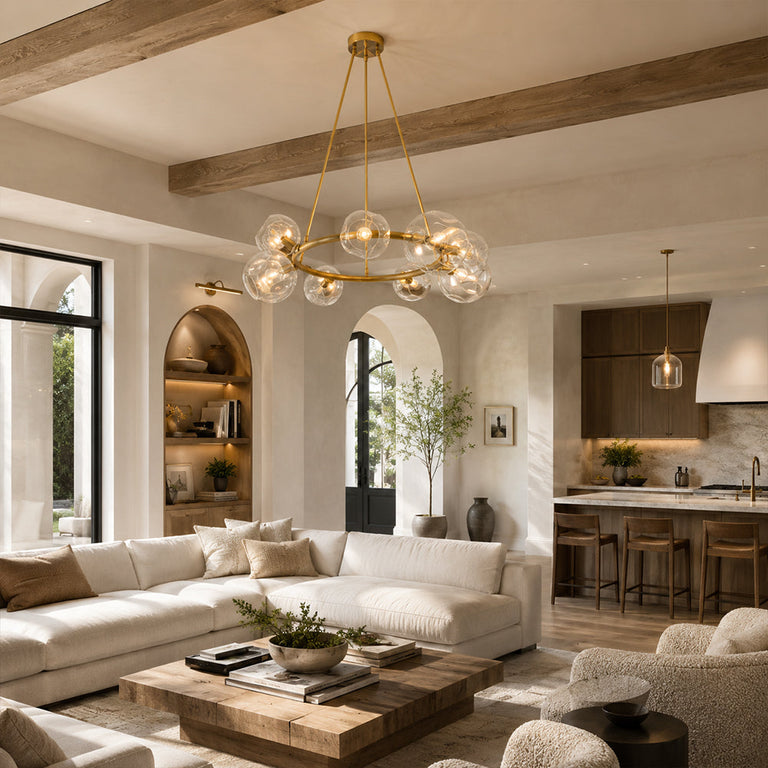 Gold-tone bubble glass ring chandelier in a living room interior