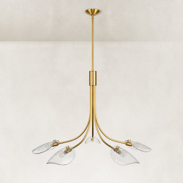 Gold-tone five-light leaf glass chandelier complete fixture alternate view