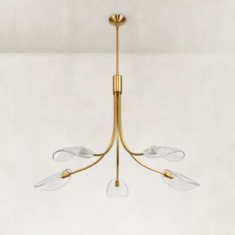 Gold-tone five-light leaf glass chandelier complete fixture unlit