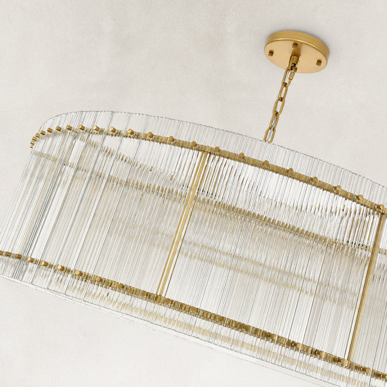 Gold-tone glass rod drum chandelier alternate angle with chain and canopy