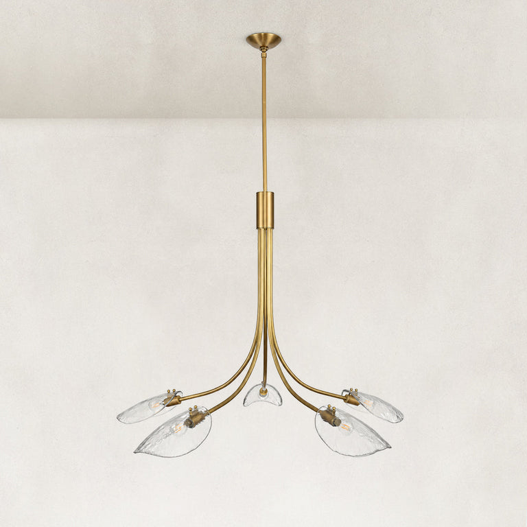 Gold-tone leaf glass chandelier complete fixture shown unlit against a neutral background