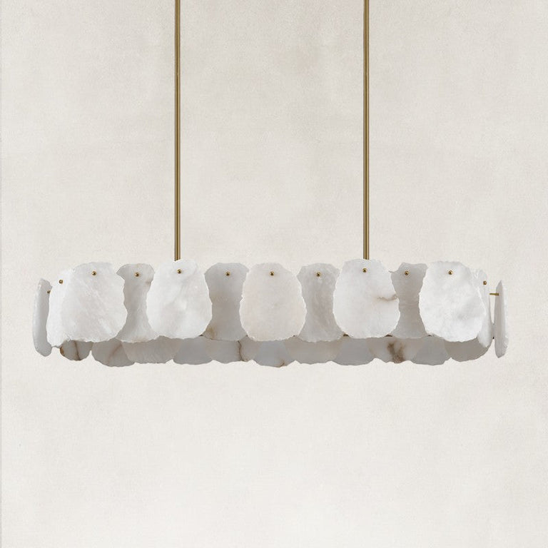 Gold-tone oval petal chandelier unlit complete fixture view
