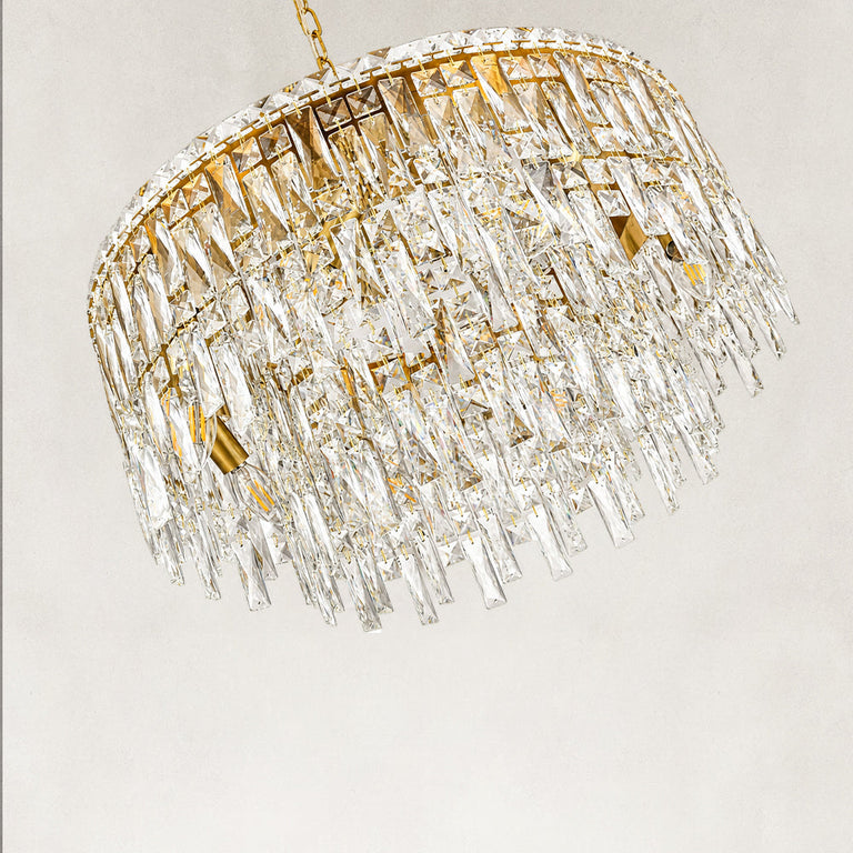 Gold-tone tiered crystal chandelier, angled crystal curtain close view