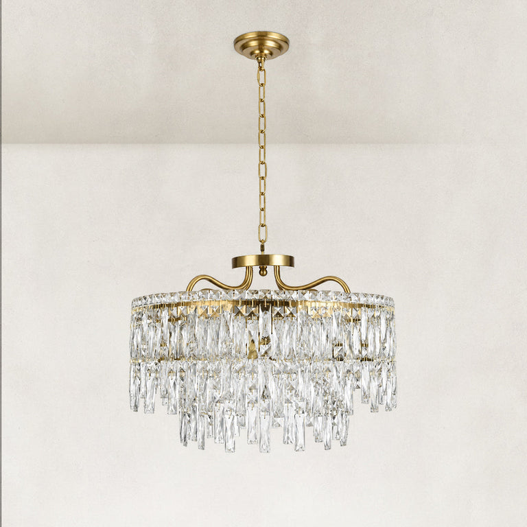 Gold-tone tiered crystal chandelier, complete fixture unlit frontal fixture