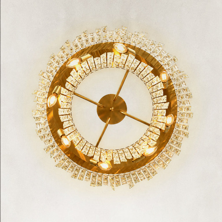 Gold-tone tiered crystal chandelier, underside radial frame close view