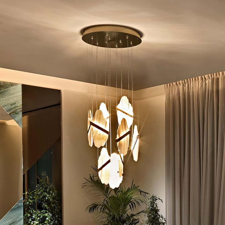 Gold-White Alabaster LED Chandelier with Seven Panels by Dalmivik, complete fixture view