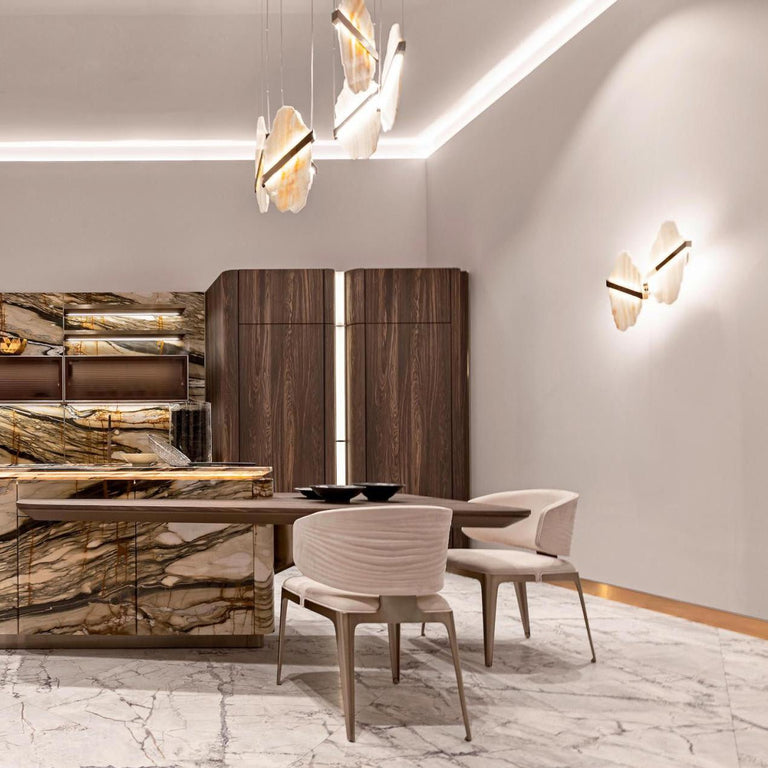 Gold-White Alabaster LED Chandelier with Seven Panels by Dalmivik, product or room detail view