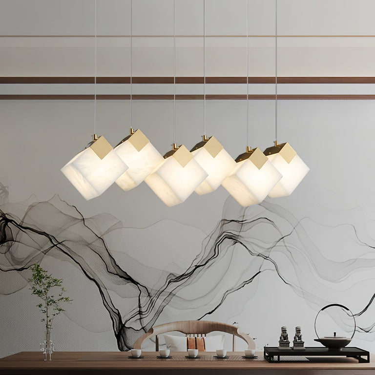 Gold & White Alabaster Sculptural Lumina Vox Pendant Lamp by Dalmivik, complete fixture view