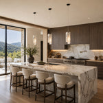 Graphic Four-Panel Marble Pendant installed above a kitchen island