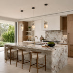 Graphic Four-Panel Marble Pendant installed above a kitchen island