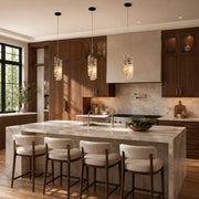 Graphic Four-Panel Marble Pendant installed above a kitchen island