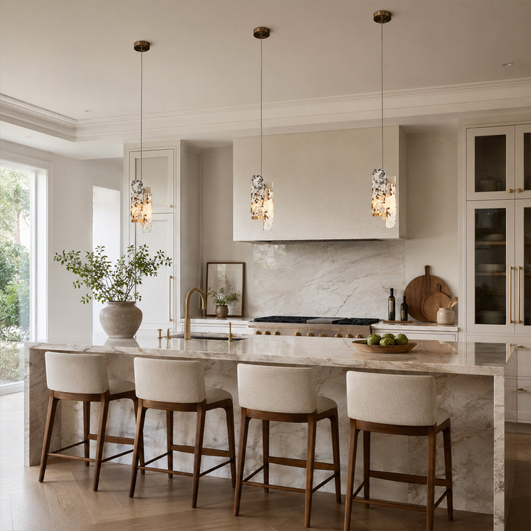 Graphic Vein Four-Panel Marble Pendant displayed in a furnished interior