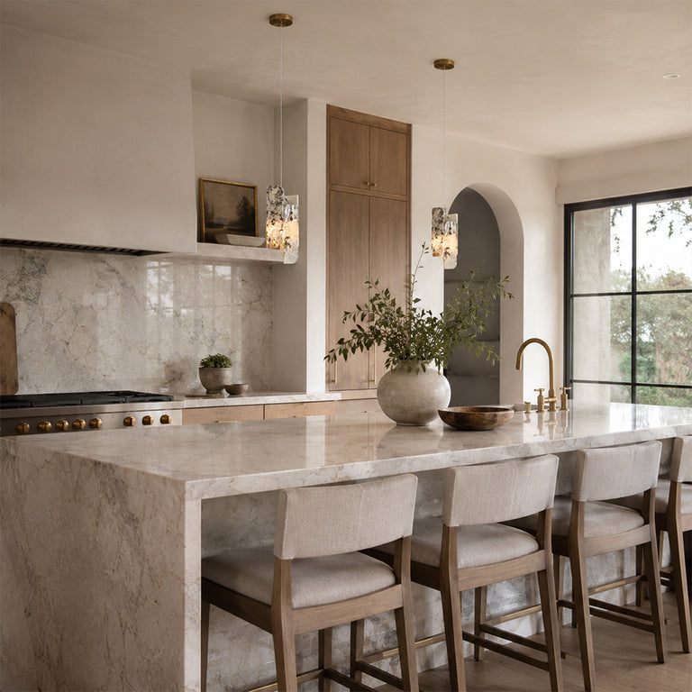 Graphic Vein Four-Panel Marble Pendant displayed in a furnished interior