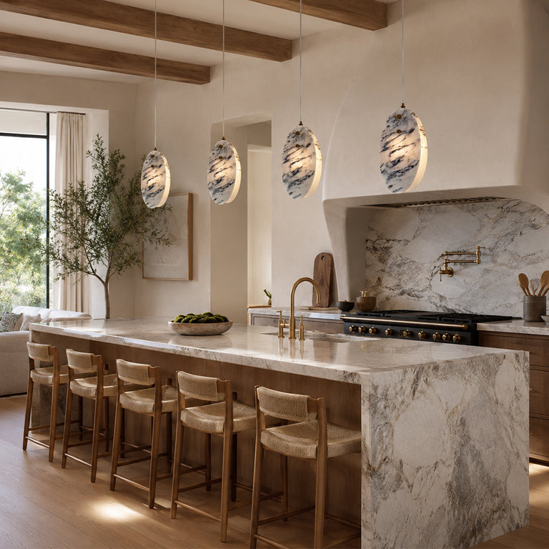Graphic Vein Marble Disc Pendant displayed in a furnished interior