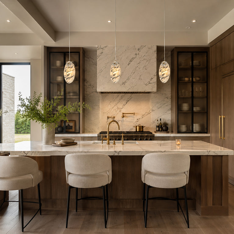 Graphic Vein Marble Disc Pendant installed above a kitchen island