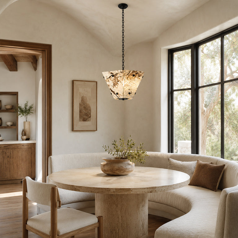 Graphic Vein Marble Pendant installed above a dining table