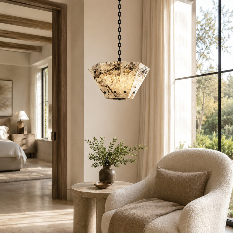 Graphic Vein Marble Pendant displayed in a furnished interior