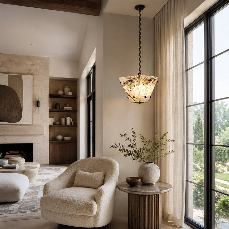 Graphic Vein Marble Pendant displayed in a furnished living room